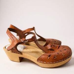 Swedish Hasbeens Lacey Clog Sandals Tan Brown 7 Boho Cottagecore